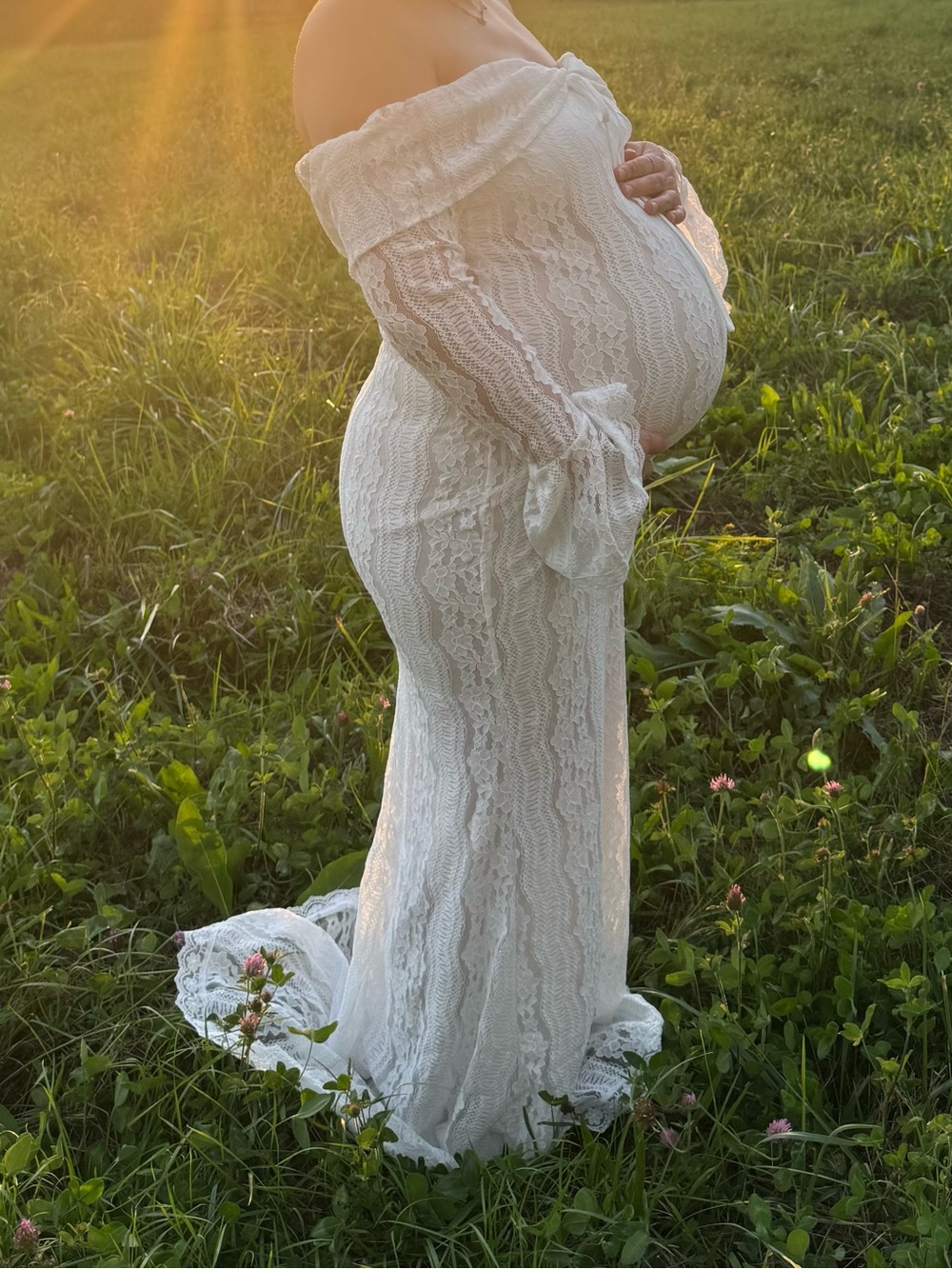 Elegant Off-Shoulder Lace Maternity Gown in White